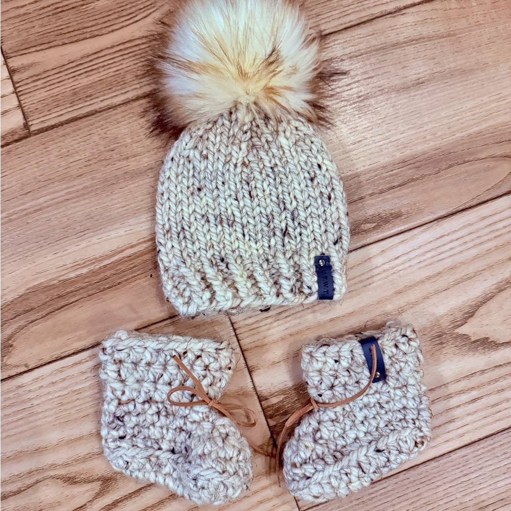 Knit Pom-Pom Hat and Booties Set for Baby
